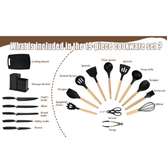 Kitchen Silicone Utensils 19 Piece Wooden Set Spatula, Knife Set, Cutting Board - Picture 13 of 13